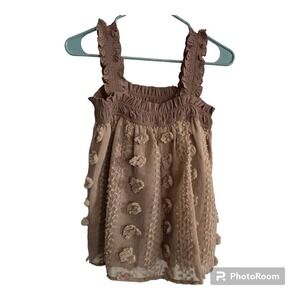 Madison Marie Strappy Crochet Top Size Medium Puff Flowers Beige Chiffon